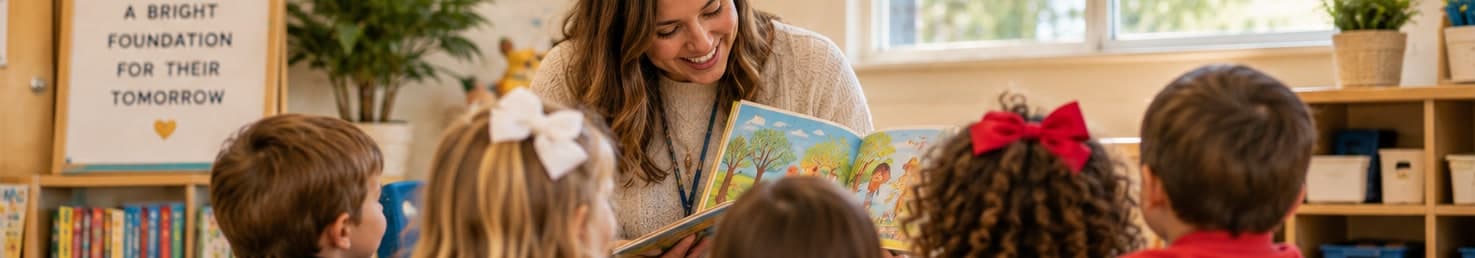 A teacher reading a picture book to a group of preschool children
