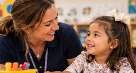 A teacher smiling with a young girl at a classroom table